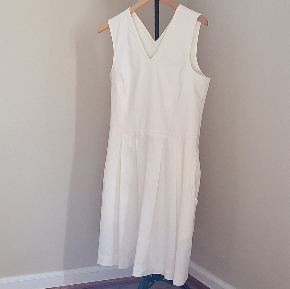 Theory Women's Linen Blend V-Neck Sleeveless White Shift Dress Size 10